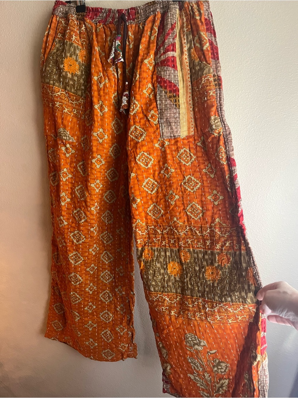 Reversible Kantha Bohemian Orange Patchwork Wide-Leg Pants - Picture 2 of 8